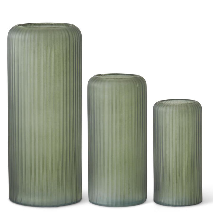 Frosted Green Ribbed Glass Vases
