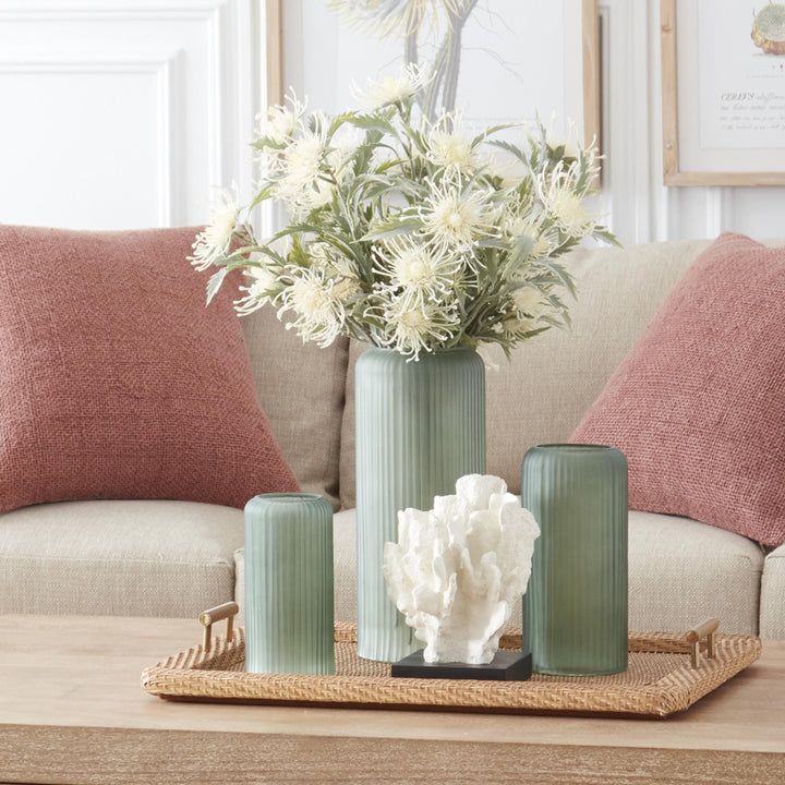 Frosted Green Ribbed Glass Vases