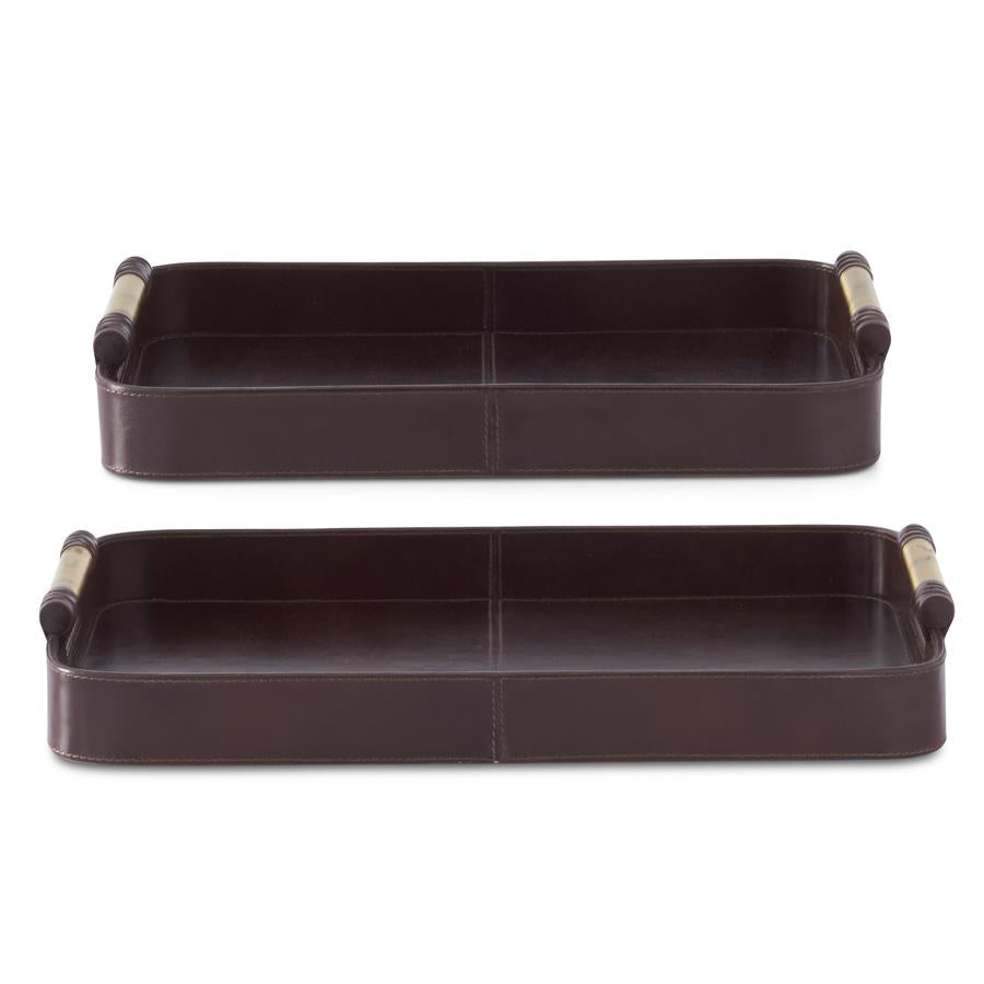 Brown Leather Tray with Gold Handles