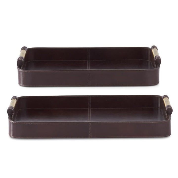 Brown Leather Tray with Gold Handles
