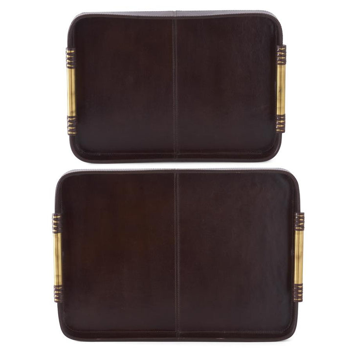 Brown Leather Tray with Gold Handles