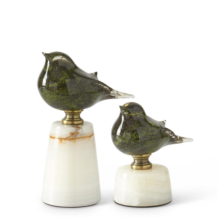 Green Glass and Marble Birds on Stands
