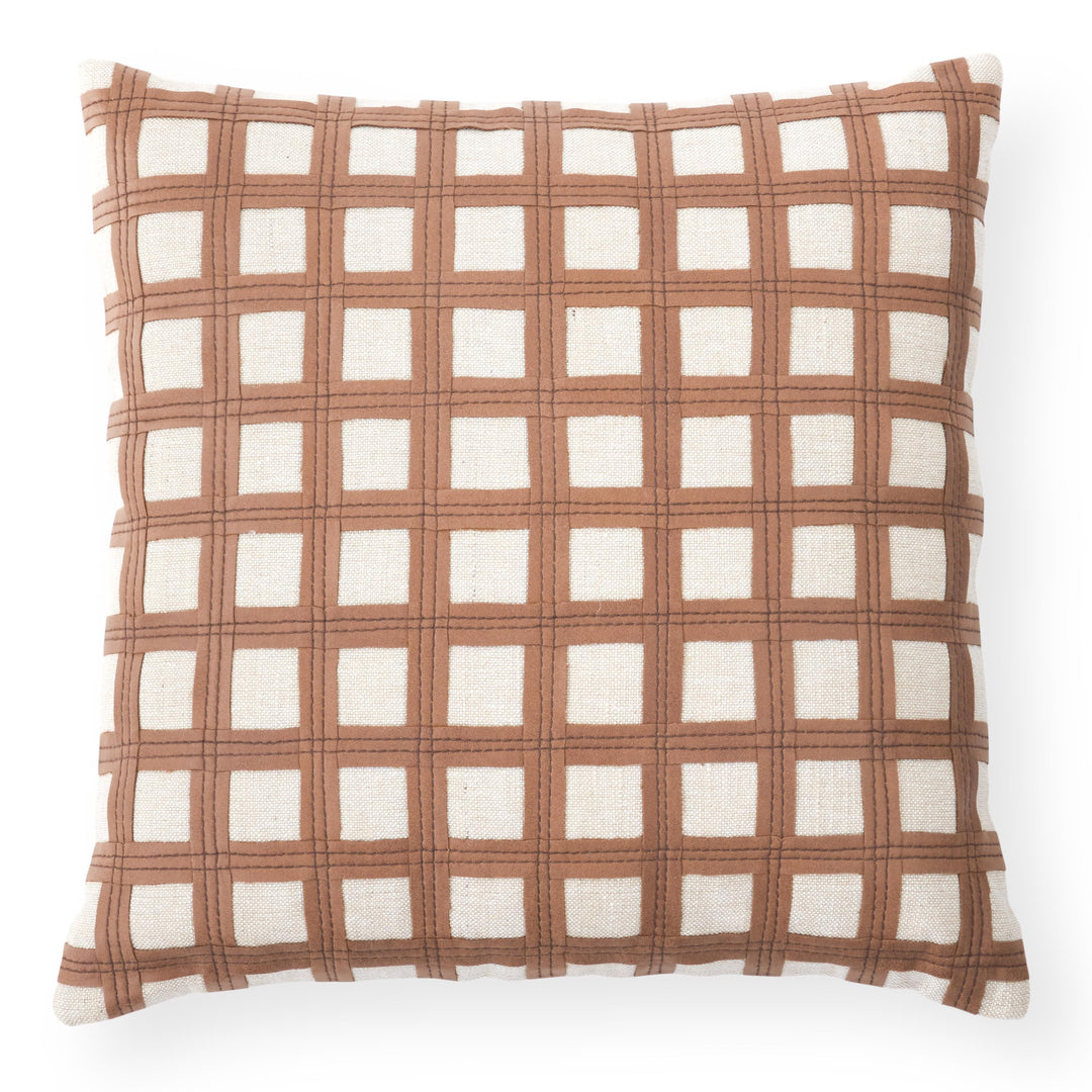 Tan Leather and Ivory Jute Grid Pillow