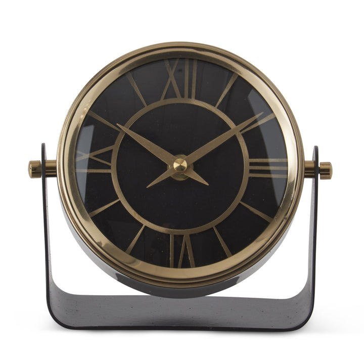 Antique Brass Round Clock on Matte Black Stand