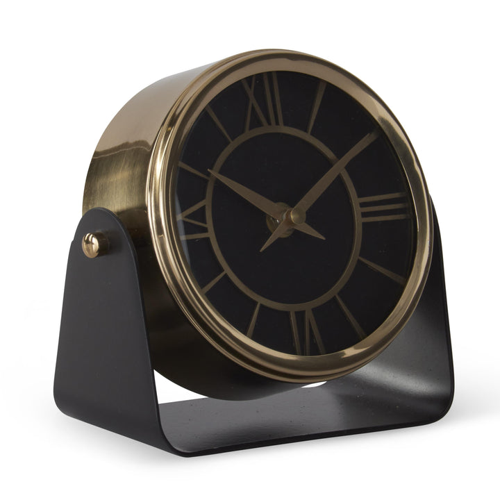 Antique Brass Round Clock on Matte Black Stand