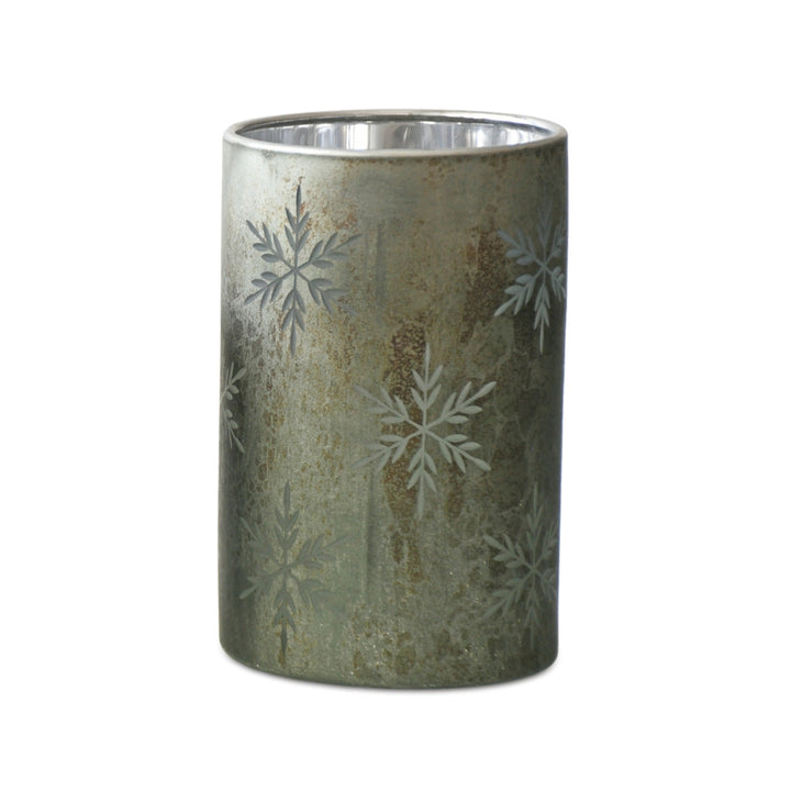 Distressed Green Snowflake Glass Candle Holder