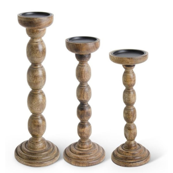 Brown Wood Spindle Candle Holders