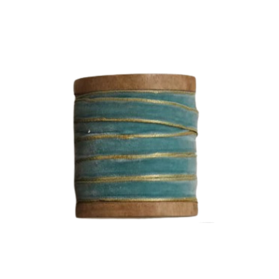 10 Yard Velvet Ribbon with Gold Edge on Wooden Spool- Blues