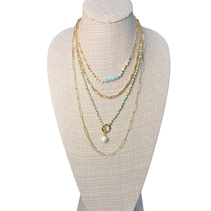 Gold Chain, Pearl, and Mint Stone Layered Necklace