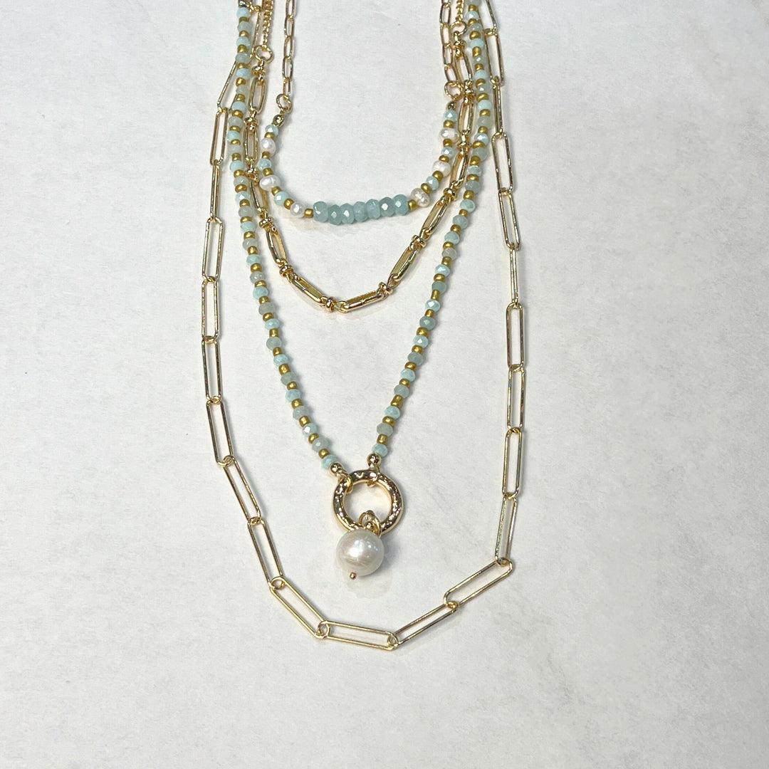Gold Chain, Pearl, and Mint Stone Layered Necklace