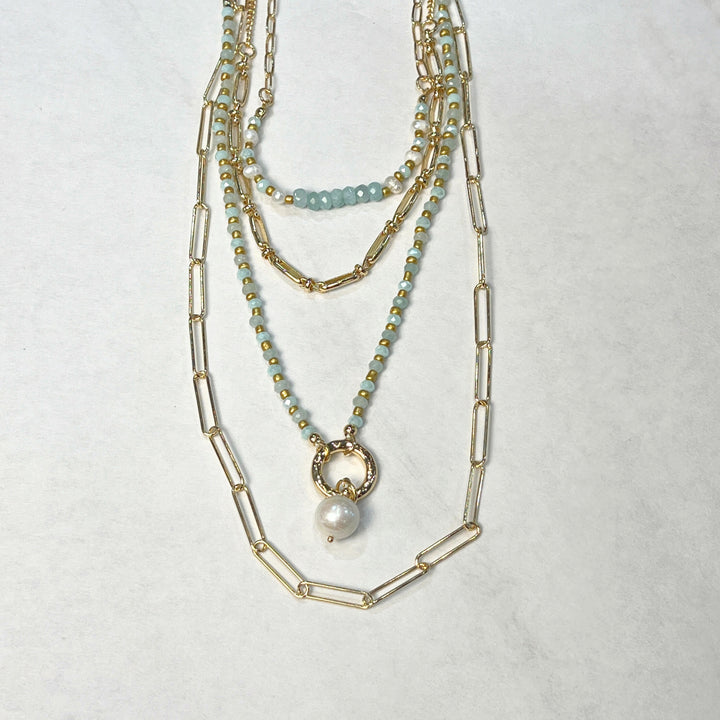 Gold Chain, Pearl, and Mint Stone Layered Necklace