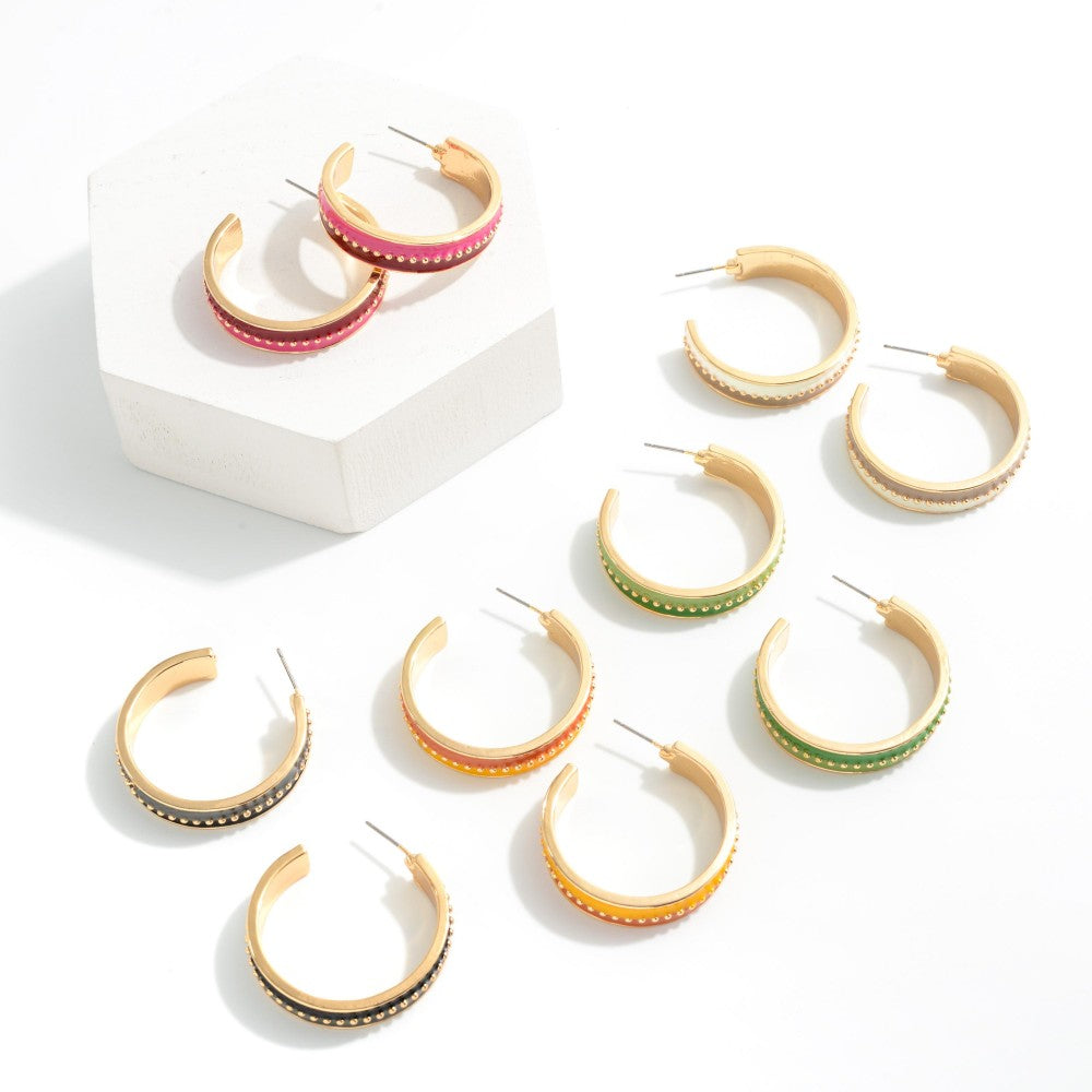 Olive/Green Gold Tone Drop Hoop Featuring Two Tone Enamel Detail