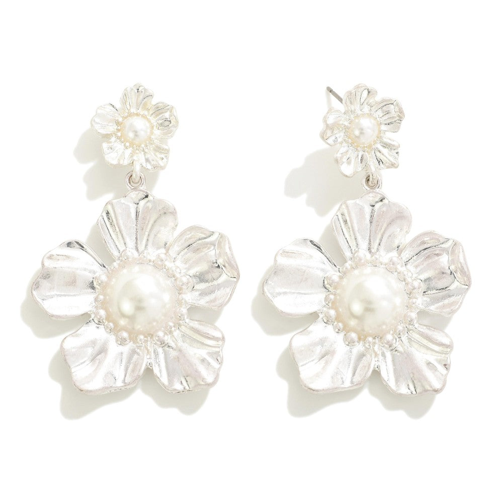 Metal and Pearl Flower Drop Earrings
