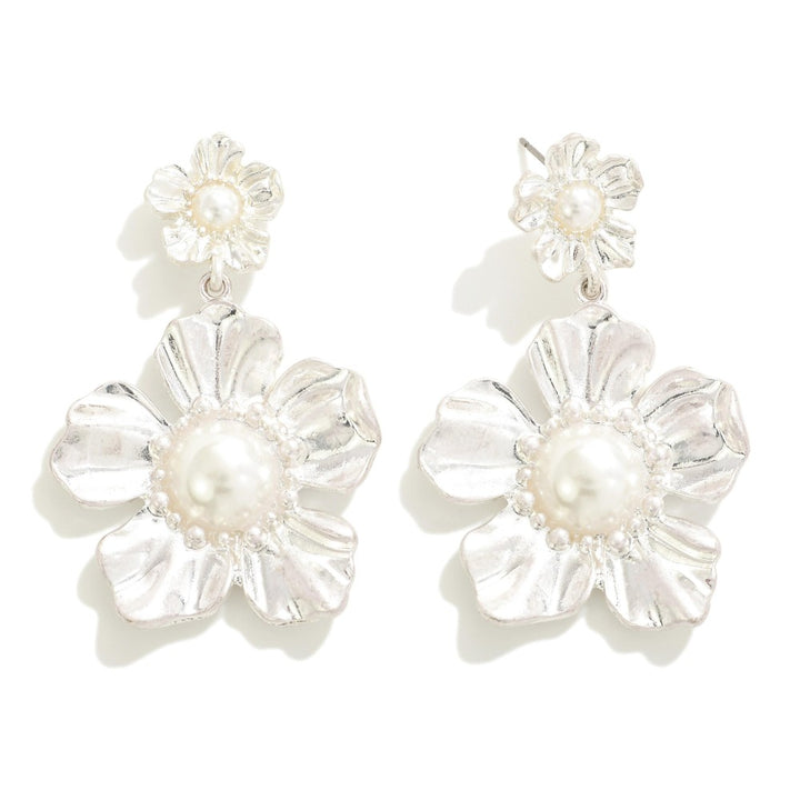 Metal and Pearl Flower Drop Earrings