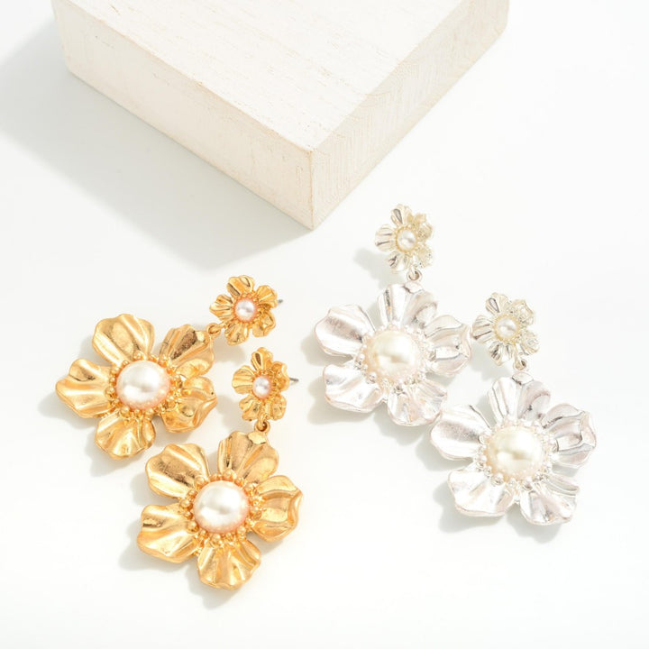 Metal and Pearl Flower Drop Earrings