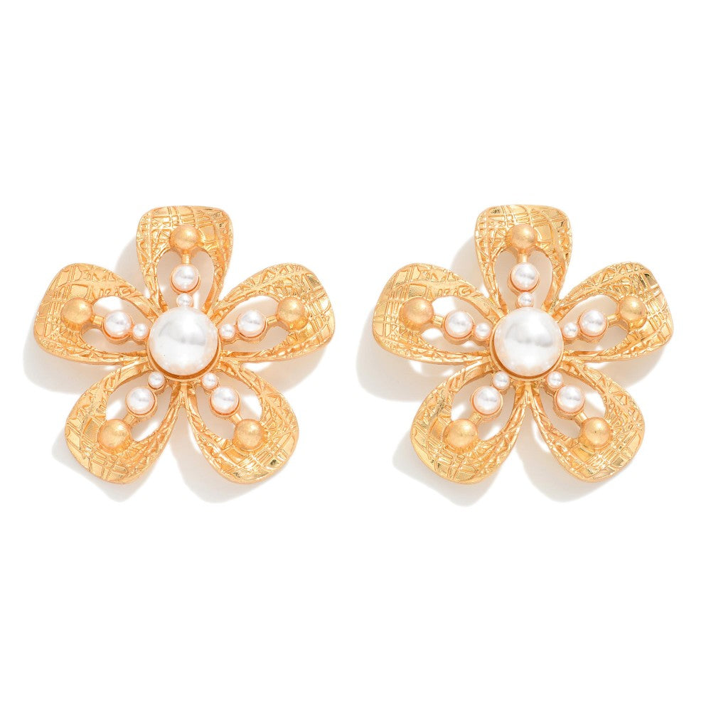Statement Metal Flower Post Drop Earrings With Pearl Details