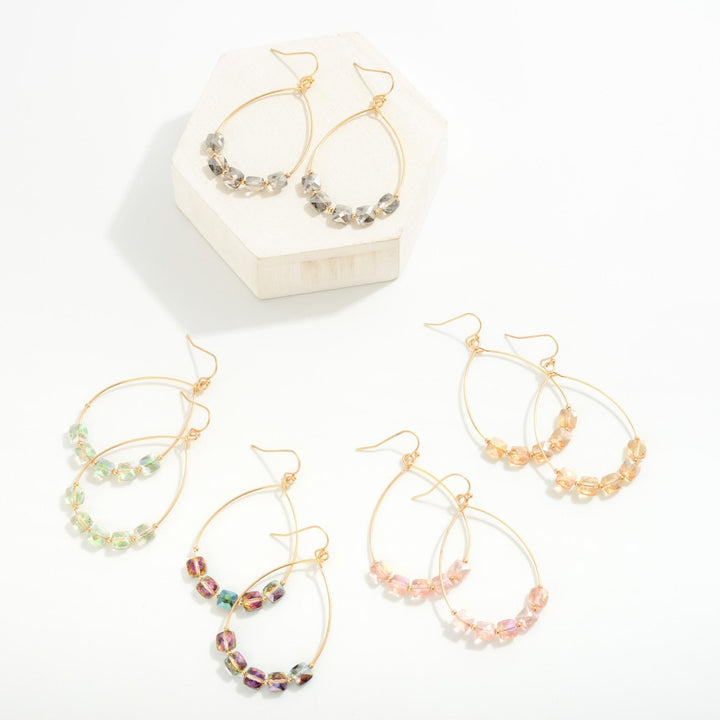 Metal Wire Teardrop Drop Earrings With Glass Crystal Beads