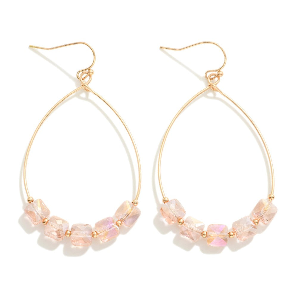 Metal Wire Teardrop Drop Earrings With Glass Crystal Beads