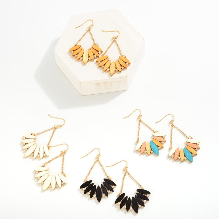 Wood Disc Chandelier Drop Earrings With Rhinestone Accent