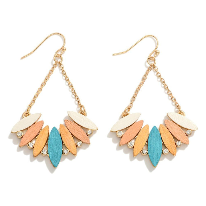 Wood Disc Chandelier Drop Earrings With Rhinestone Accent