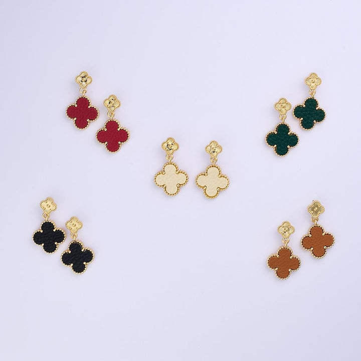 Linked Metal Tone & Vegan Leather Clover Post Drop Earrings
