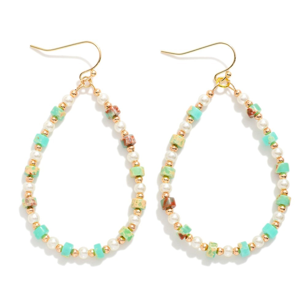 Beaded Teardrop Drop Earrings Featuring Metal Tones, Pearls, & Stone Disc Beads
