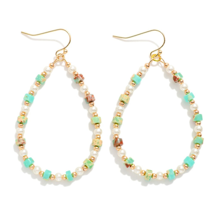 Beaded Teardrop Drop Earrings Featuring Metal Tones, Pearls, & Stone Disc Beads