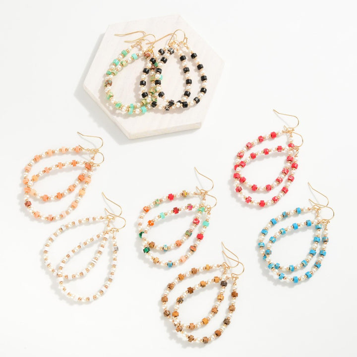 Beaded Teardrop Drop Earrings Featuring Metal Tones, Pearls, & Stone Disc Beads