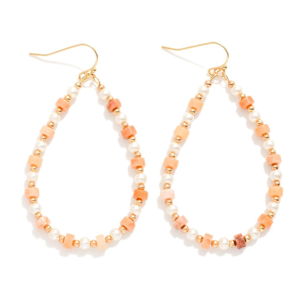 Beaded Teardrop Drop Earrings Featuring Metal Tones, Pearls, & Stone Disc Beads