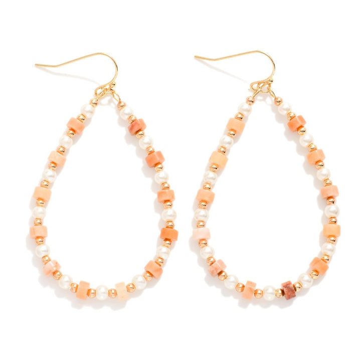 Beaded Teardrop Drop Earrings Featuring Metal Tones, Pearls, & Stone Disc Beads