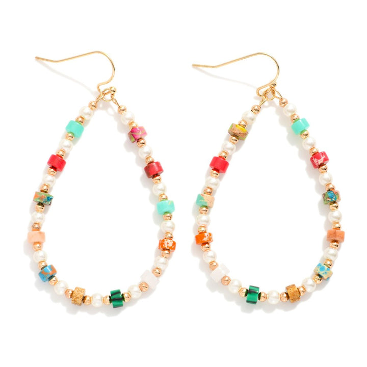 Beaded Teardrop Drop Earrings Featuring Metal Tones, Pearls, & Stone Disc Beads