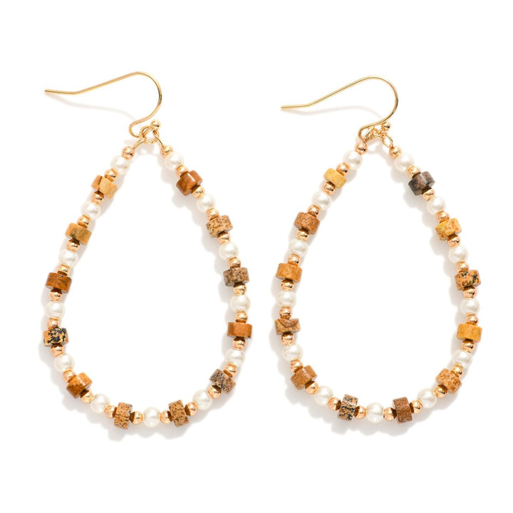 Beaded Teardrop Drop Earrings Featuring Metal Tones, Pearls, & Stone Disc Beads