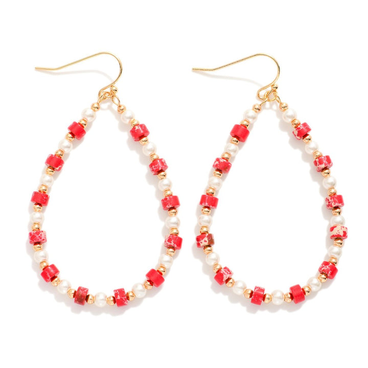 Beaded Teardrop Drop Earrings Featuring Metal Tones, Pearls, & Stone Disc Beads