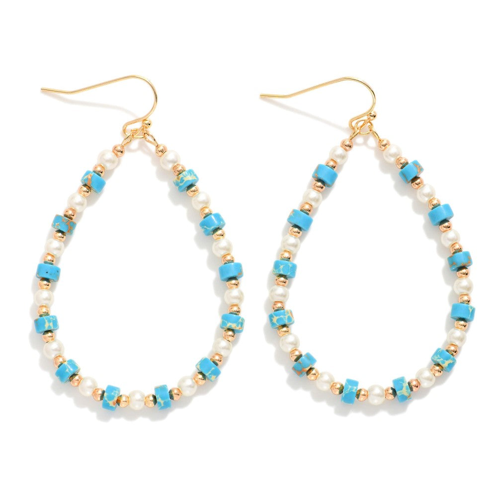 Beaded Teardrop Drop Earrings Featuring Metal Tones, Pearls, & Stone Disc Beads