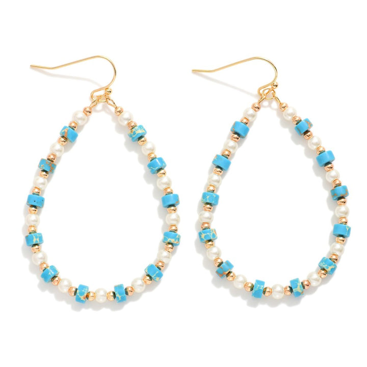 Beaded Teardrop Drop Earrings Featuring Metal Tones, Pearls, & Stone Disc Beads