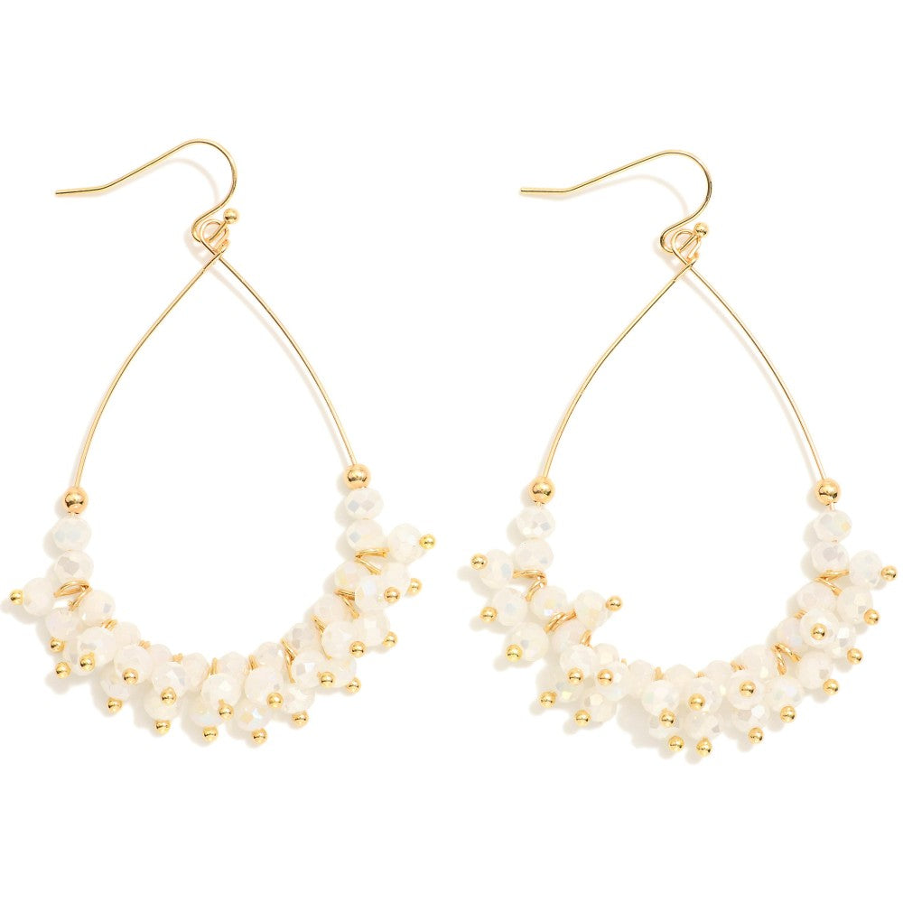 Metal Tone Wire Teardrop Earrings Featuring Faceted Bead Details