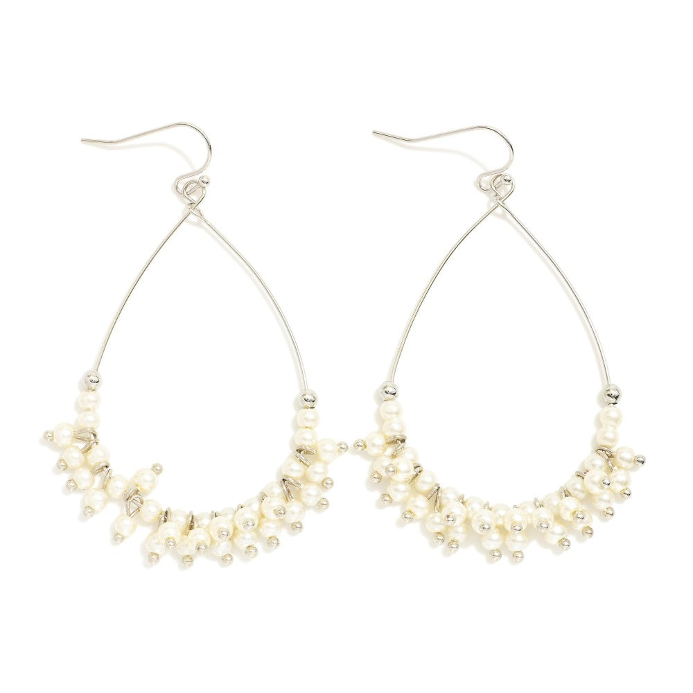 Metal Tone Wire Teardrop Earrings Featuring Faceted Bead Details