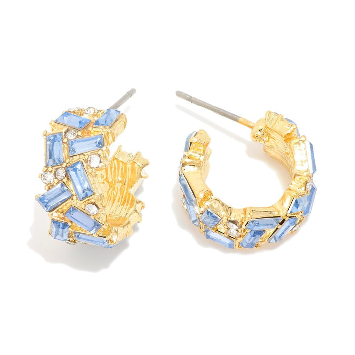 Emerald Cut Rhinestone Studded Hoop Earrings