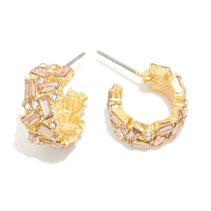 Emerald Cut Rhinestone Studded Hoop Earrings