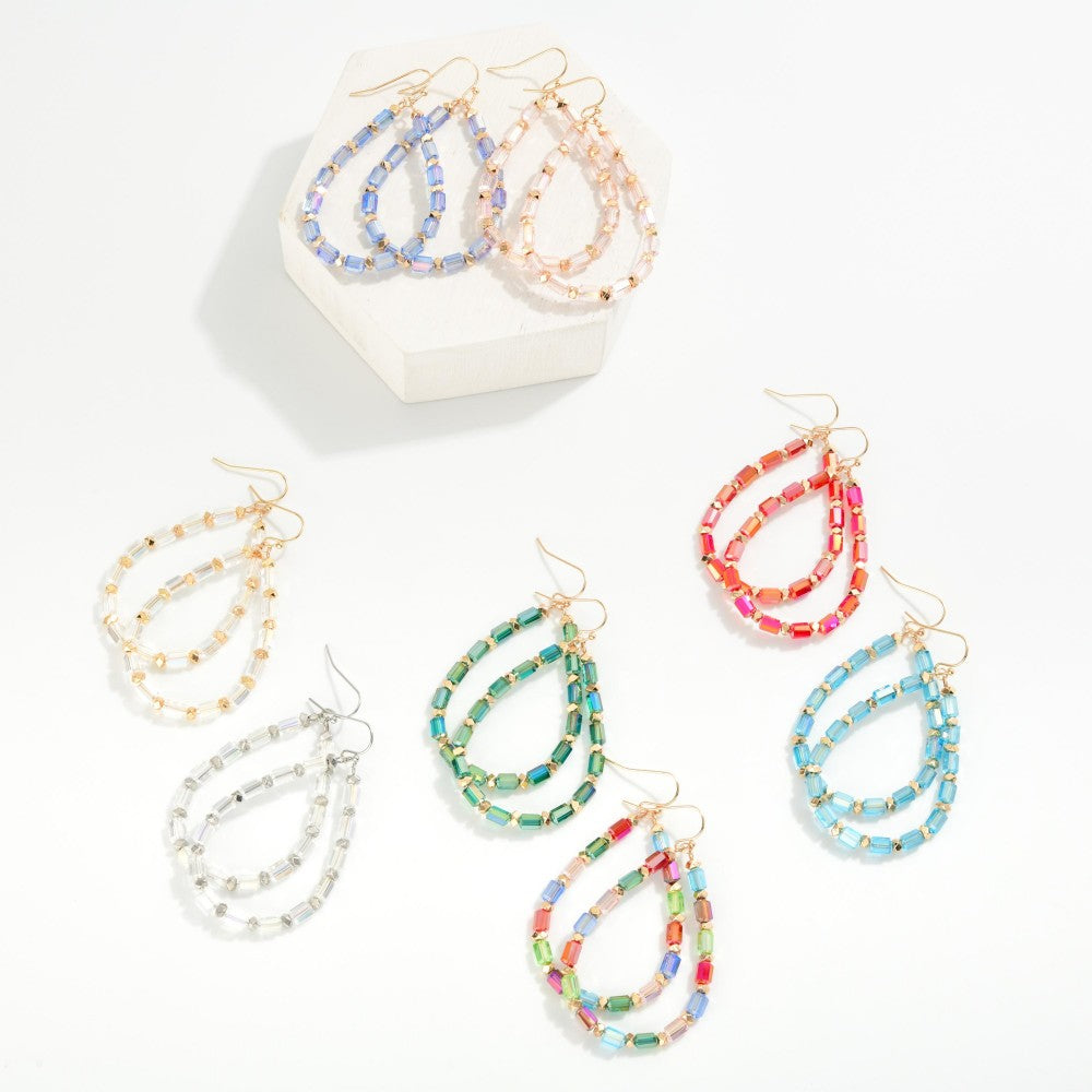 Beaded Teardrop Drop Earrings Featuring Glass Crystal & Metal Tones