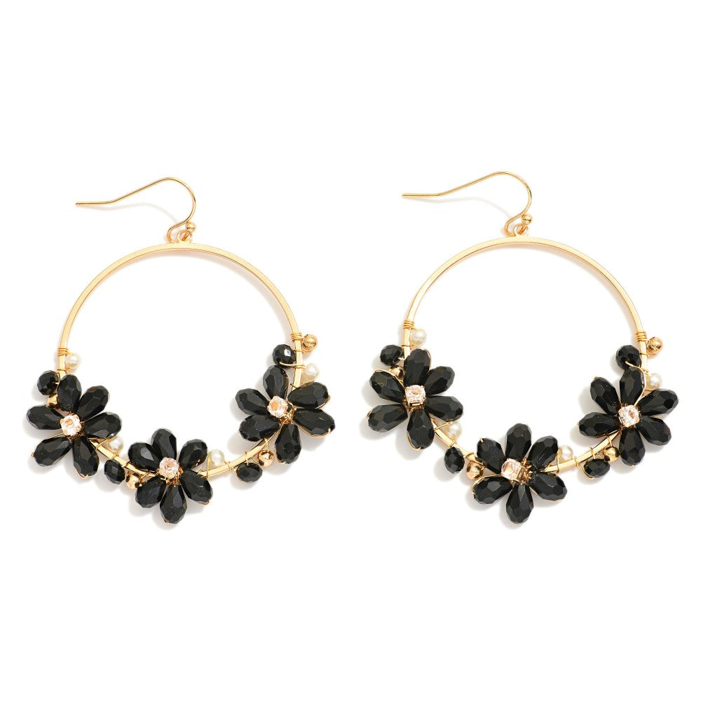Metal Tone Hoop Drop Earrings Featuring Beaded Flower Details