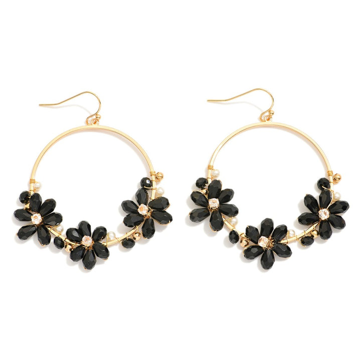 Metal Tone Hoop Drop Earrings Featuring Beaded Flower Details