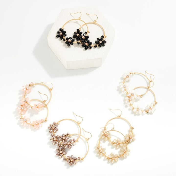 Metal Tone Hoop Drop Earrings Featuring Beaded Flower Details
