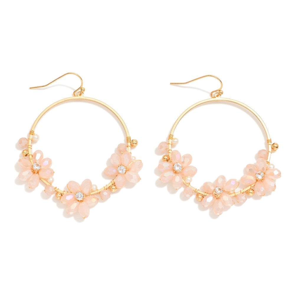 Metal Tone Hoop Drop Earrings Featuring Beaded Flower Details