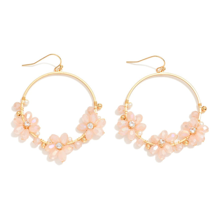 Metal Tone Hoop Drop Earrings Featuring Beaded Flower Details