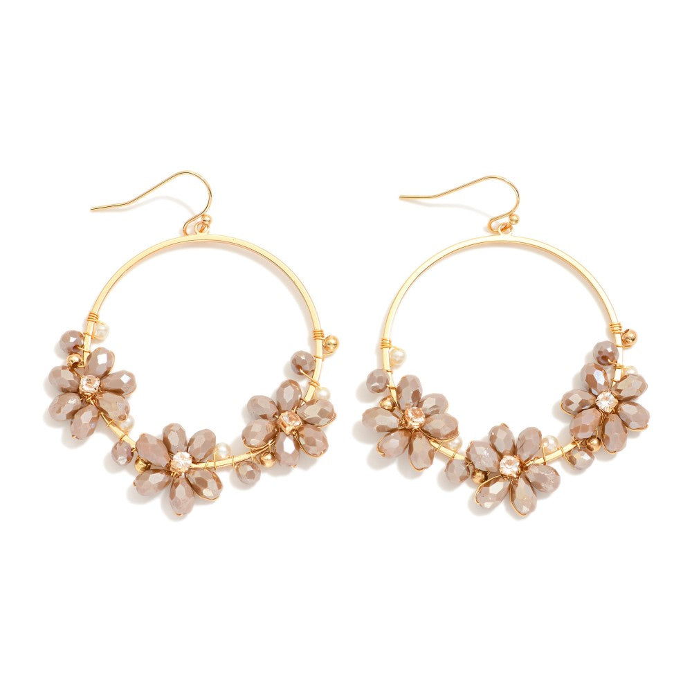 Metal Tone Hoop Drop Earrings Featuring Beaded Flower Details