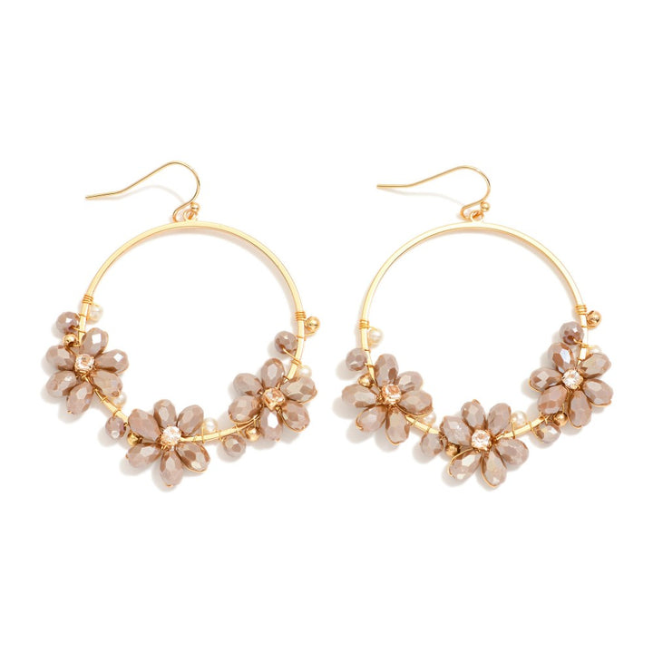 Metal Tone Hoop Drop Earrings Featuring Beaded Flower Details