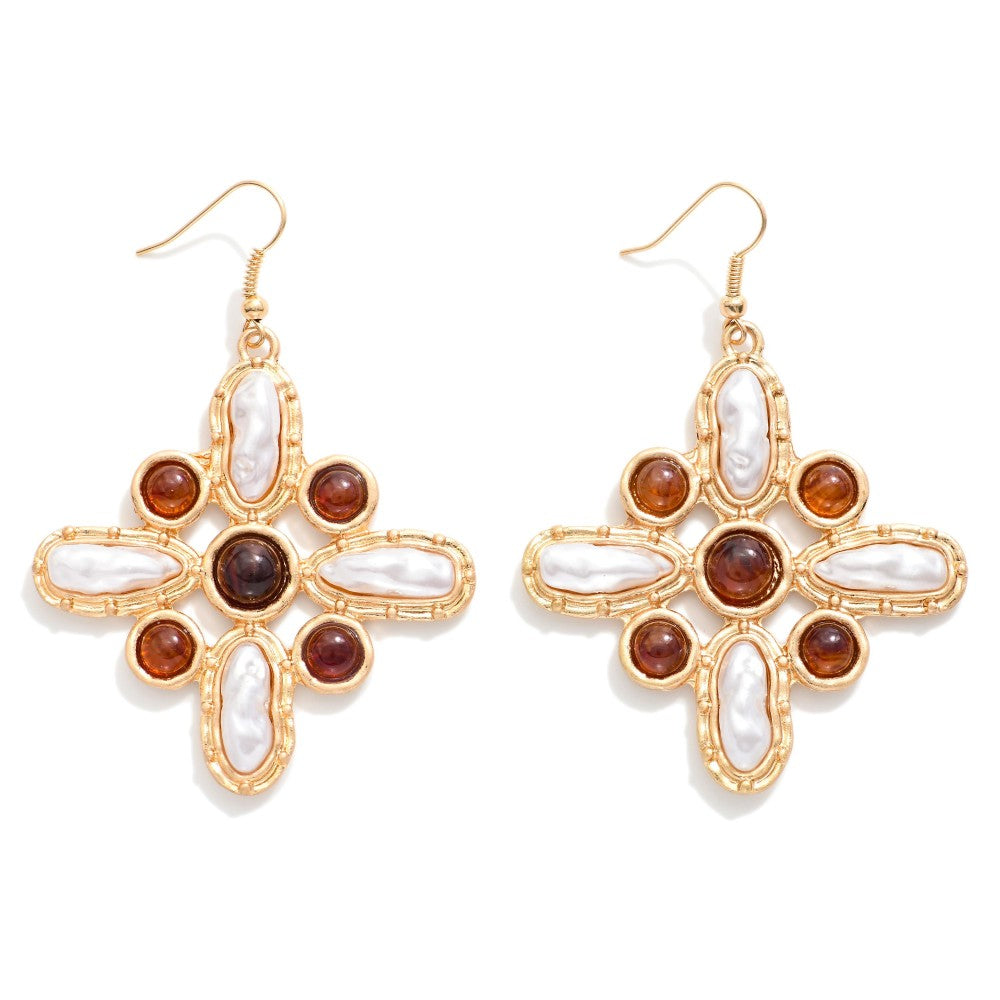 Acetate &amp; Pearl Geometric Shape Drop Earrings With Metal Tone Border