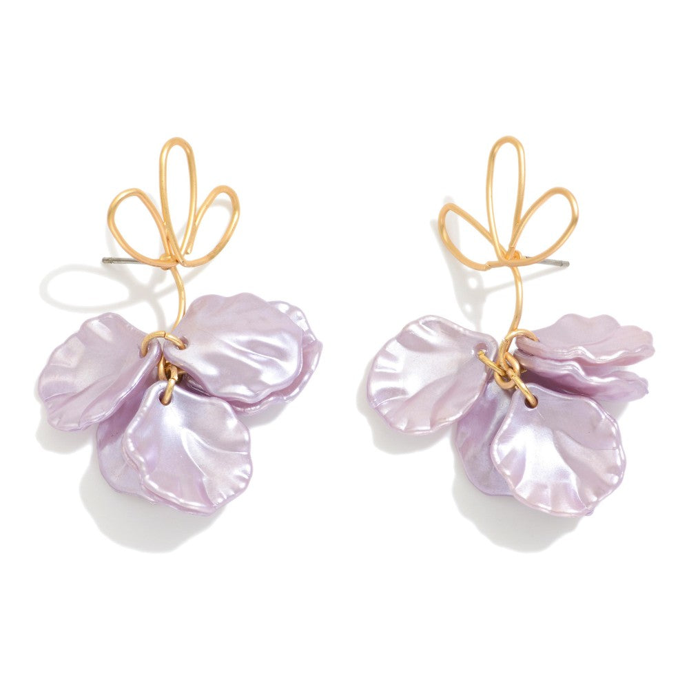 Twisted Metal Flower Shaped Post Drop Earring Linked With Pearl Flower Petals Dangle Detail
