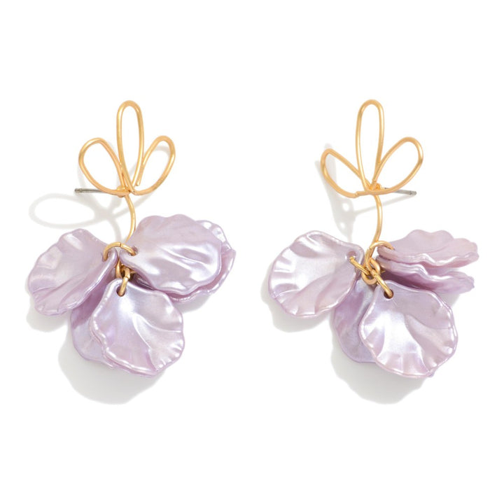 Twisted Metal Flower Shaped Post Drop Earring Linked With Pearl Flower Petals Dangle Detail